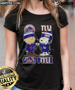 Awesome Snoopy x Charlie Brown New York Mets x Giants skyline ladies tee featuring iconic characters and cityscape.