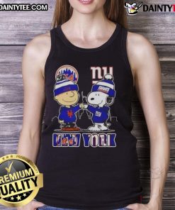 Alt Text: Awesome Snoopy X Charlie Brown New York Mets Giants skyline tank top featuring iconic characters and cityscape design.