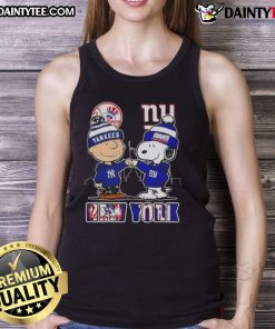Awesome Snoopy X Charlie Brown tank top featuring New York sports teams Yankees and Giants against a skyline backdrop.
