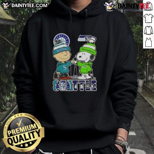 Awesome Snoopy X Charlie Brown hoodie featuring Seattle Mariners and Seahawks skyline design, perfect for sports fans.