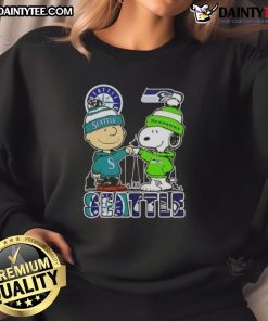 Alt Text: Awesome Snoopy X Charlie Brown Seattle Sports sweatshirt featuring Mariners and Seahawks skyline design.