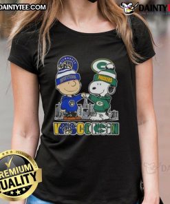 Alt Text: Awesome Snoopy X Charlie Brown Milwaukee Brewers Green Bay Packers skyline ladies tee featuring vibrant graphics.