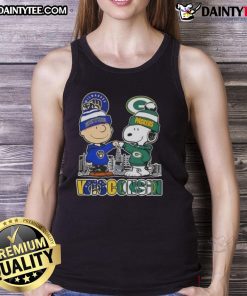 Alt Text: Awesome Snoopy x Charlie Brown tank top featuring Milwaukee Brewers and Green Bay Packers skyline design.