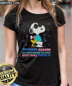 Awesome Snoopy X Woodstock tee celebrating thyroid cancer awareness with bold message: 'Thyroid Cancer may have started the fight.'