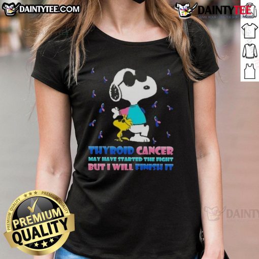 Awesome Snoopy X Woodstock tee celebrating thyroid cancer awareness with bold message: 'Thyroid Cancer may have started the fight.'