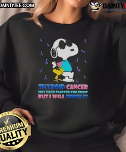 Awesome Snoopy X Woodstock sweatshirt for thyroid cancer awareness, featuring a bold fight message and vibrant design.