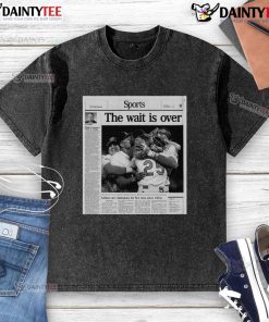 Indians champions T-shirt celebrating their first win since 1954, featuring vibrant graphics and the slogan 'The Wait Is Over'.