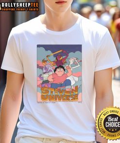 Alt Text: Awesome Steven Universe t-shirt featuring the three magical guardians and Steven, perfect for fans of the series.
