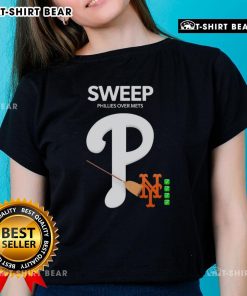 Awesome Sweep Phillies Over Mets Ladies Tee featuring team colors and logo, perfect for female Phillies fans.