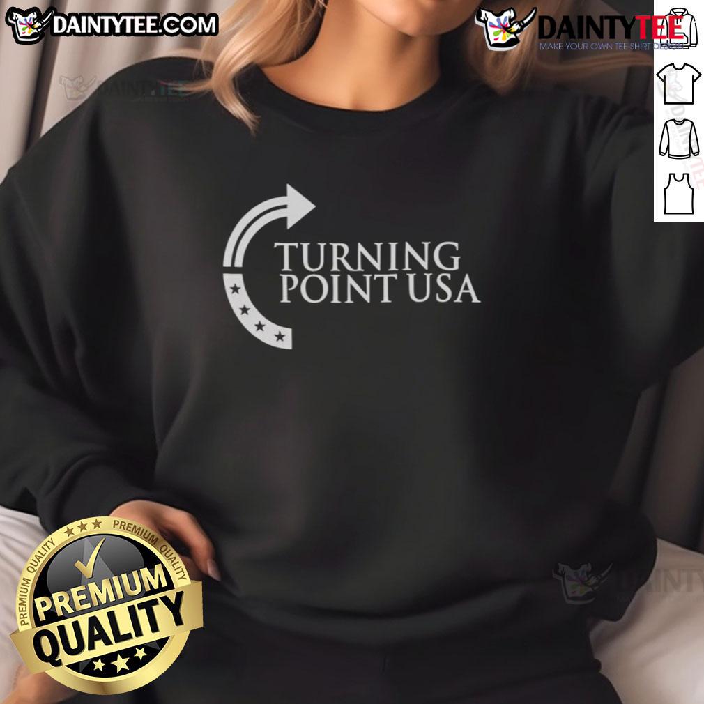Awesome Sydney Sweeney Turning Point Usa Logo Sweatshirt Sydney Sweeney wearing an Awesome Turning Point USA logo sweatshirt, showcasing a trendy and patriotic fashion style.