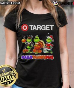 Awesome Target X Grinch cosplay tee for ladies celebrating Happy HalloThanksMas with festive design and vibrant colors.