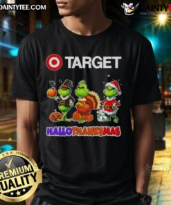 Awesome Target X Grinch Cosplay Happy Hallothanksmas T-Shirt featuring festive graphics for holiday celebrations.