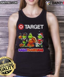 Awesome Target X Grinch cosplay tank top for Happy HalloThanksMas featuring festive design and vibrant colors.
