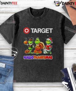 Awesome Target X Grinch cosplay t-shirt for Happy HalloThanksMas, featuring vibrant graphics and a festive design.