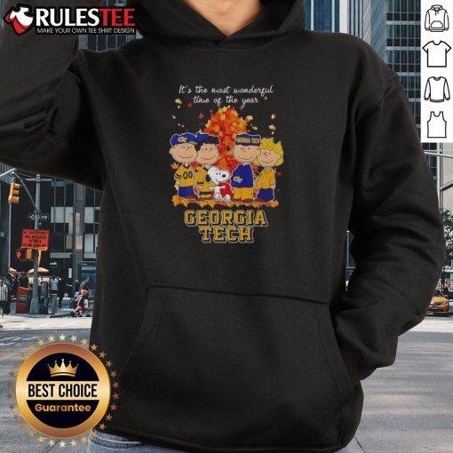 Alt Text: Awesome Peanuts character Georgia Tech hoodie featuring 'It's The Most Wonderful Time Of The Year' design.