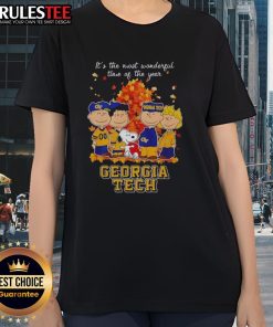 Alt Text: Awesome Peanuts character Georgia Tech ladies tee for the holiday season, featuring festive designs and vibrant colors.