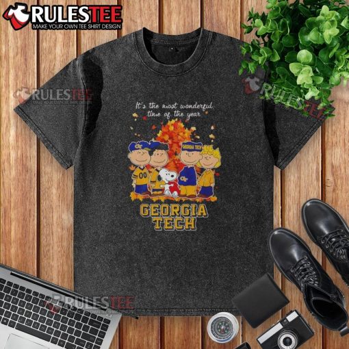 Awesome Peanuts character Georgia Tech t-shirt featuring 'It's the Most Wonderful Time of the Year' design.
