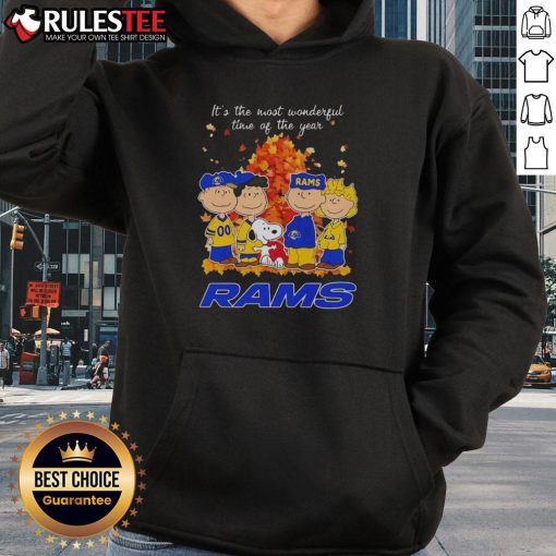 Alt Text: Awesome Peanuts character hoodie for Los Angeles Rams, celebrating the most wonderful time of the year.