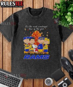 Alt Text: Awesome Peanuts character on Los Angeles Rams 'It's The Most Wonderful Time Of The Year' washed t-shirt.