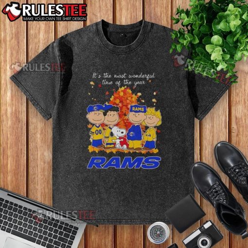 Alt Text: Awesome Peanuts character on Los Angeles Rams 'It's The Most Wonderful Time Of The Year' washed t-shirt.