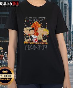Awesome Peanuts character New Orleans Saints ladies tee celebrating 'It's the Most Wonderful Time of the Year.'