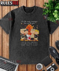 Alt Text: Awesome Peanuts character on a New Orleans Saints 'Most Wonderful Time of the Year' washed t-shirt design.