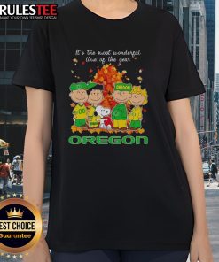 Alt Text: Awesome Peanuts character Oregon Ducks ladies tee featuring 'It's The Most Wonderful Time Of The Year' design.