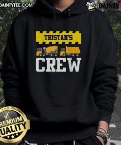 Alt Text: Awesome Tristan's Crew hoodie featuring a cement mixer and dump truck design, perfect for construction enthusiasts.