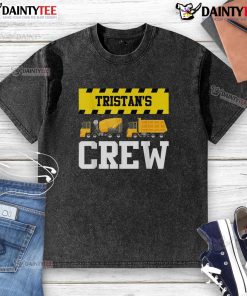 Alt Text: Awesome Tristan's Crew cement mixer and dump truck on a washed t-shirt, showcasing construction pride and teamwork.