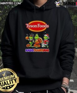 Awesome Tyson Foods X Grinch cosplay hoodie for Happy HalloThanksMas, featuring vibrant colors and festive design.