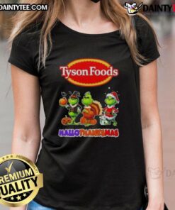 Awesome Tyson Foods X Grinch cosplay ladies tee for Happy HalloThanksMas featuring festive design and vibrant colors.