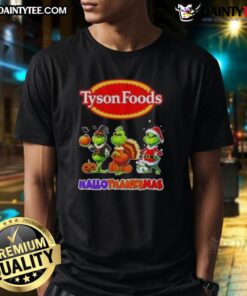 Alt Text: Awesome Tyson Foods X Grinch cosplay T-shirt for Hallothanksmas, featuring festive graphics and vibrant colors.