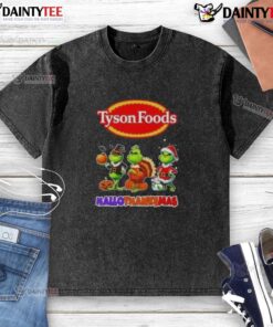 Awesome Tyson Foods X Grinch cosplay on a happy HalloThanksMas washed t-shirt, perfect for festive celebrations.