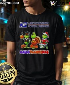 Awesome USPS x Grinch cosplay t-shirt for Hallothanksmas celebration, featuring festive graphics and vibrant colors.