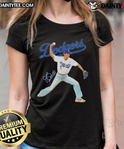 Awesome V BTS x Los Angeles Dodgers baseball tee featuring a stylish throwing position signature for ladies.