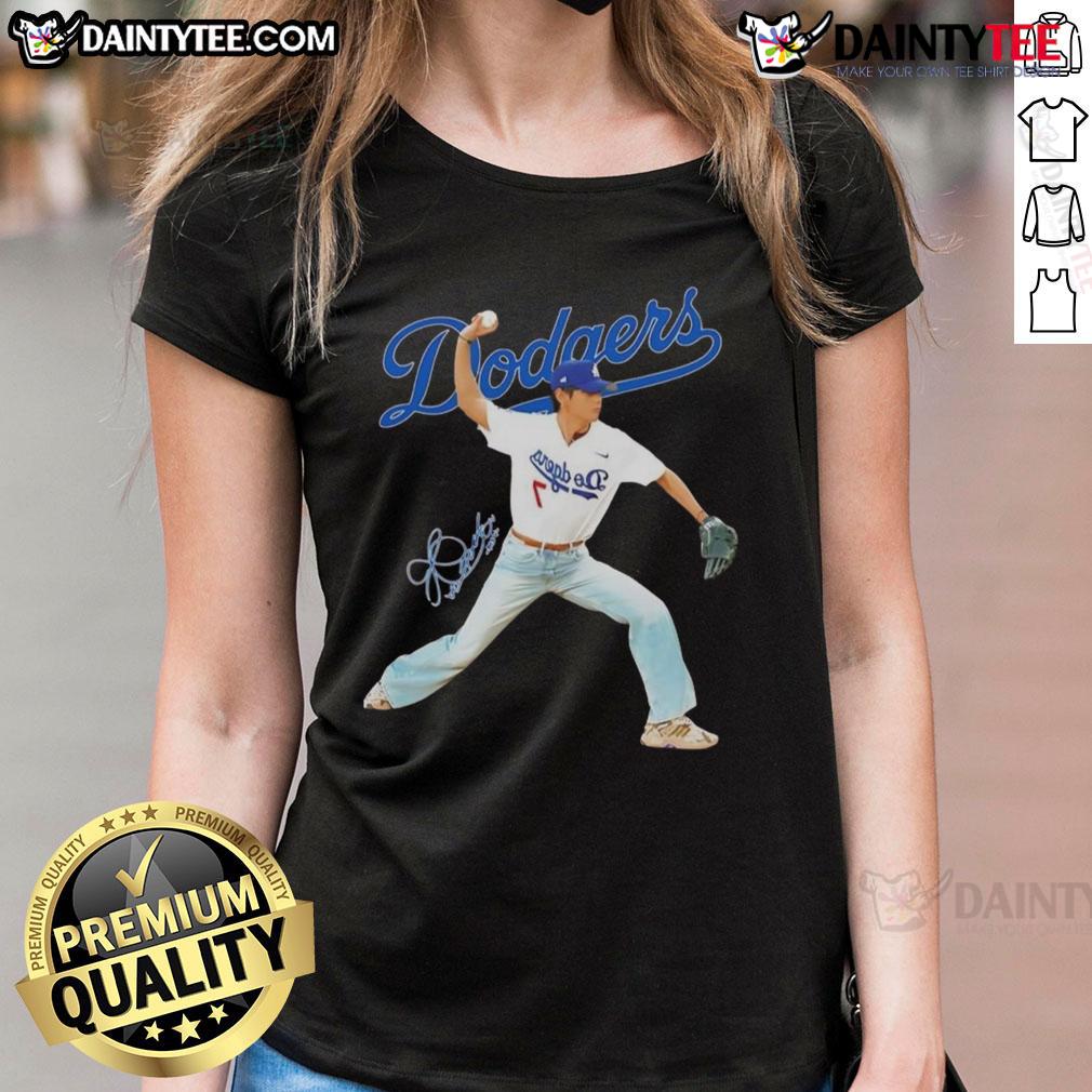 Awesome V BTS x Los Angeles Dodgers Baseball throwing Position Signature Ladies-Tee Awesome V BTS x Los Angeles Dodgers baseball tee featuring a stylish throwing position signature for ladies.