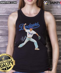 Awesome V BTS x Los Angeles Dodgers baseball tank top featuring a unique throwing position design and vibrant colors.