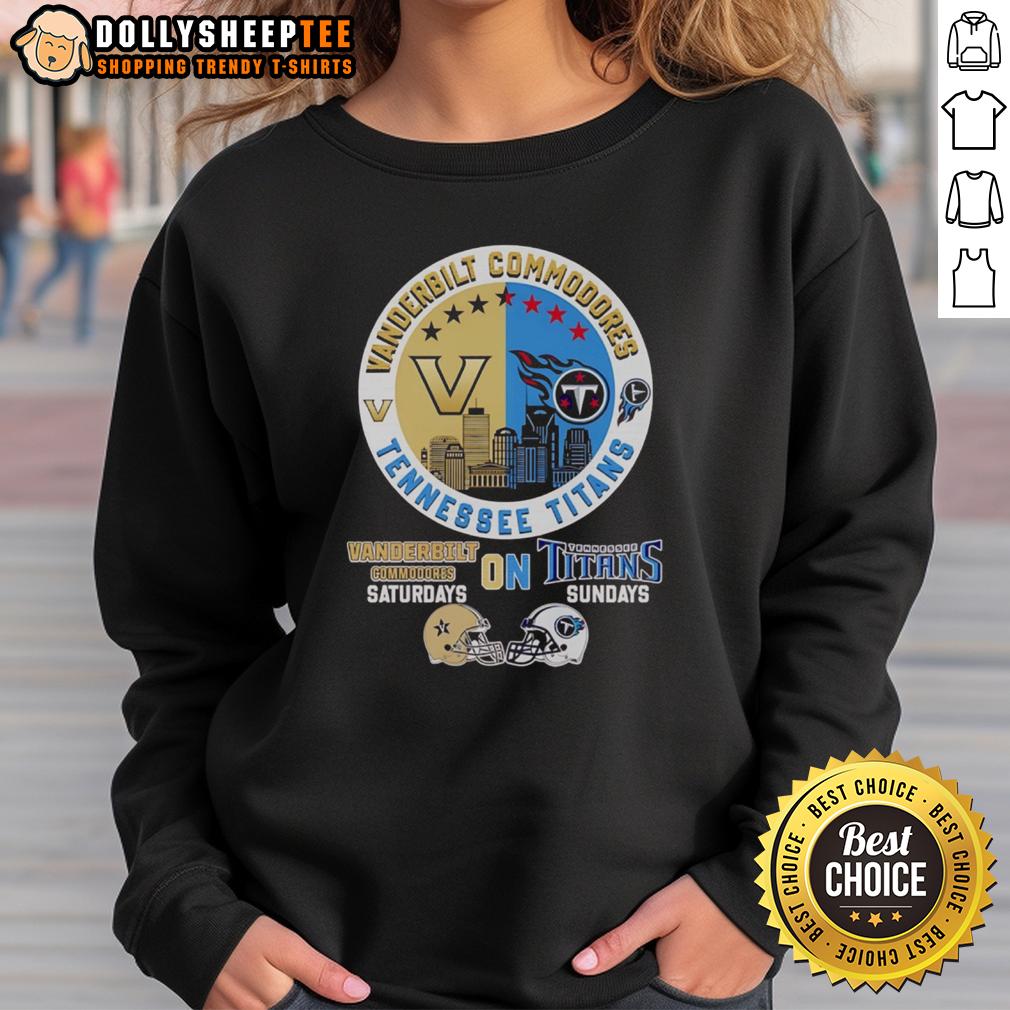 Awesome Vanderbilt Commodores On Saturdays Tennessee Titans On Sundays Skyline Sweatshirt Vanderbilt Commodores and Tennessee Titans sweatshirt showcasing a skyline design, perfect for game day fashion.