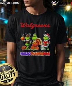 Awesome Walgreens X Grinch cosplay T-shirt for Happy Hallothanksmas featuring festive design and vibrant colors.