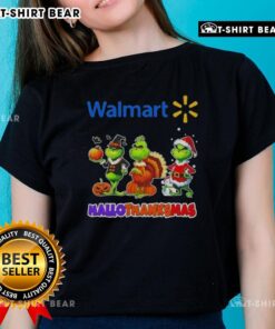 Awesome Walmart X Grinch Cosplay Happy HalloThanksMas Ladies Tee featuring festive design and vibrant colors for holiday fun.