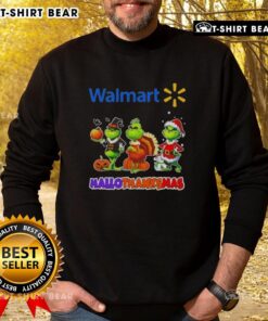 Awesome Walmart X Grinch Cosplay Happy HalloThanksMas Sweatshirt featuring festive design and colorful graphics for the holiday season.