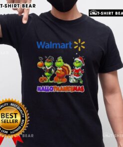 Awesome Walmart X Grinch Cosplay Happy Hallothanksmas T-Shirt featuring vibrant colors and festive designs for holiday fun.