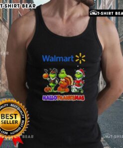 Awesome Walmart X Grinch cosplay tank top for Happy HalloThanksMas, featuring festive colors and fun design.