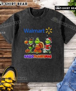 Awesome Walmart X Grinch cosplay washed t-shirt for Happy HalloThanksMas featuring festive design and vibrant colors.