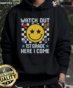 Cute 1st grade back-to-school hoodie with a smiley face design, perfect for kids excited about learning.