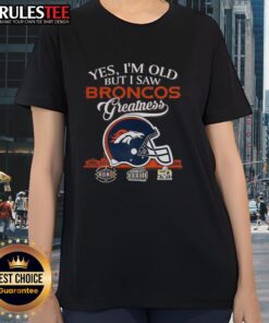 Denver Broncos Super Bowl helmet design with skyline, featured on an 'Awesome Yes I'm Old' ladies tee.