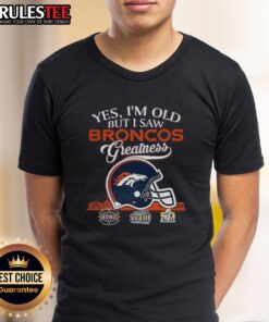 Alt Text: Denver Broncos greatness t-shirt featuring a Super Bowl helmet and skyline design, perfect for proud fans.