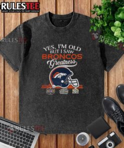 Vintage 'Awesome Yes I'm Old' Denver Broncos Super Bowl helmet t-shirt with skyline design, perfect for fans.