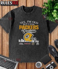 Alt Text: Awesome washed t-shirt featuring Green Bay Packers Super Bowl helmet skyline design, perfect for vintage fans.