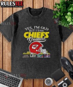 Kansas City Chiefs Super Bowl helmet skyline graphic on an 'Awesome Yes I'm Old' washed t-shirt design.